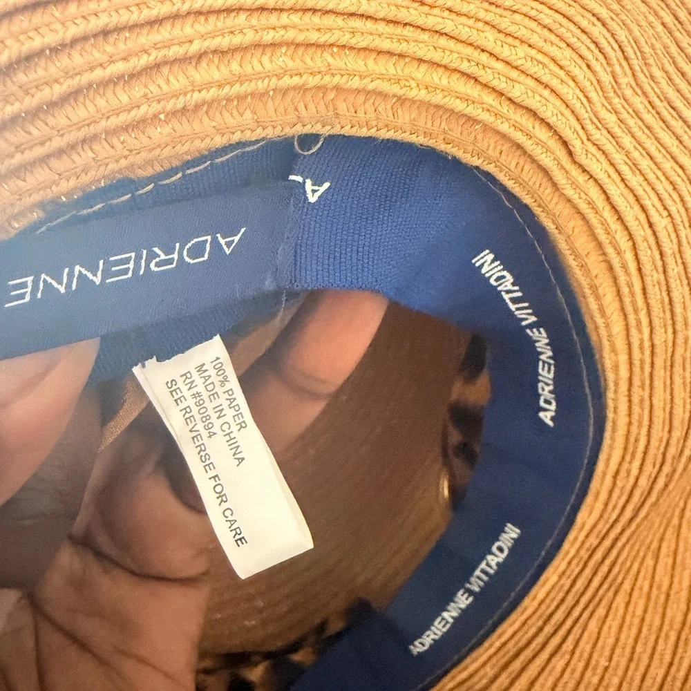 Adrienne Vittadini Tan Straw Sun Hat with Navy Sweatband